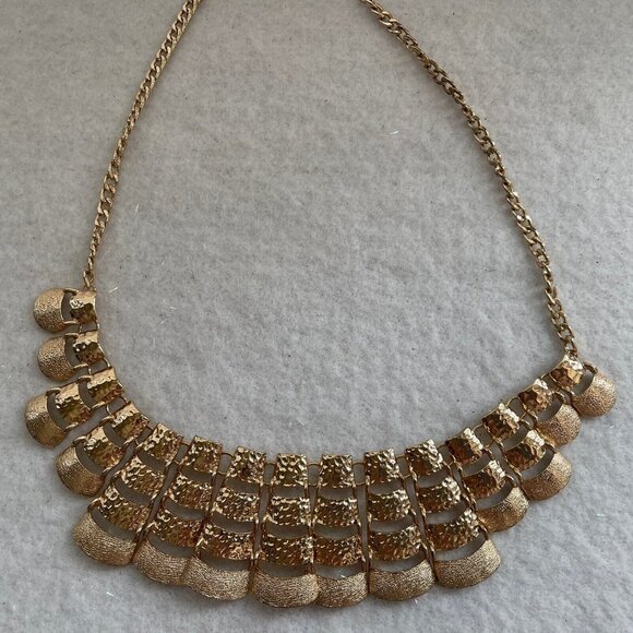 Gold Tone Bib Bold Statement Necklace Graduated Funky Chunky Adjustable 19" - Picture 5 of 11